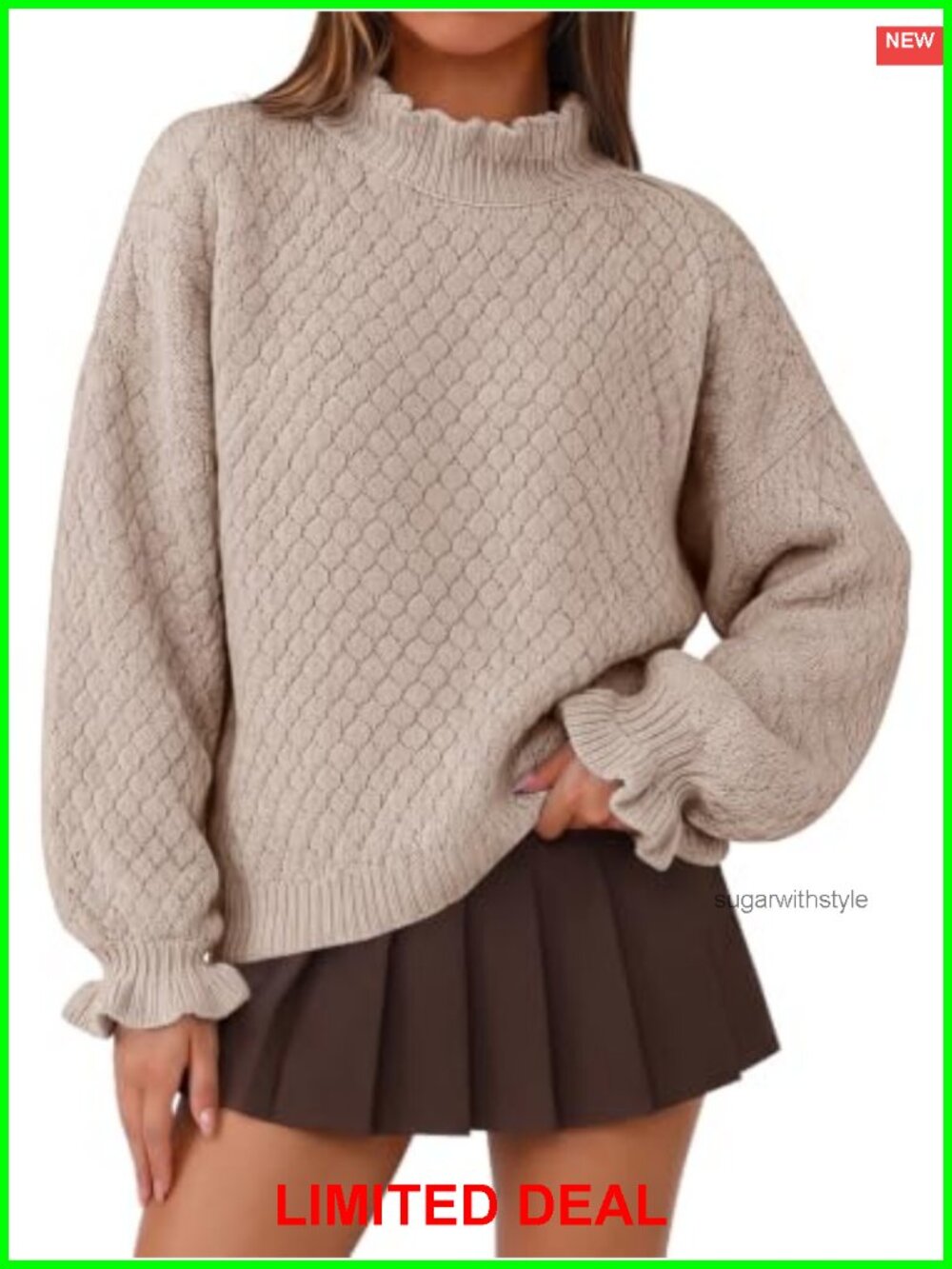 Oversized Cable Knit Mock Neck Sweater Ruffle Cuff Pullover